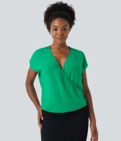 Casual Tops<HALARA V Neck Cap Sleeve Wrap Ruched Casual Linen-Feel Top