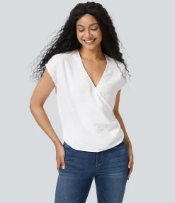 Casual Tops<HALARA V Neck Cap Sleeve Wrap Ruched Casual Linen-Feel Top