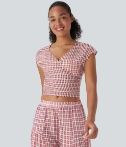 Casual Tops<HALARA V Neck Cap Sleeve Wrapped Tie Back Plaid Cropped Casual Top