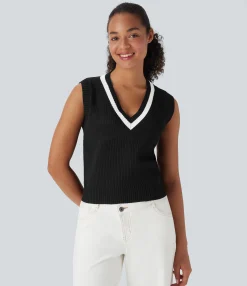 Sweaters|Jackets & Outerwear<HALARA V Neck Color Block Casual Sweater Vest