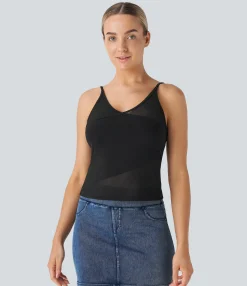 Casual Tops|Tank Tops & Camis<HALARA V Neck Contrast Mesh Skinny Casual Cami Top