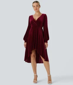Maxi & Midi Dresses|Dresses<HALARA V Neck Crossover Bishop Long Sleeve High Low Flowy Velvet Midi Casual Dress