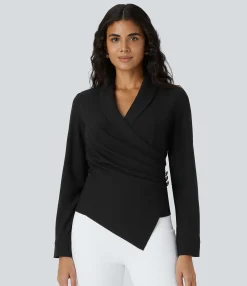 Work Tops<HALARA V Neck Crossover Decorative Long Sleeve Work Top