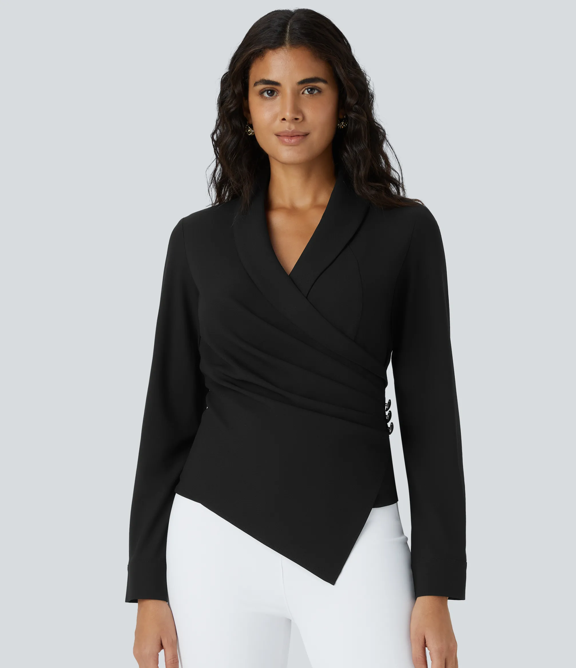 Work Tops<HALARA V Neck Crossover Decorative Long Sleeve Work Top