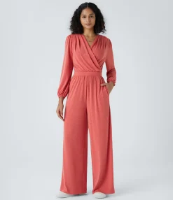 Jumpsuits<HALARA V Neck Crossover Long Sleeve Pocket Wide Leg Casual Jumpsuit