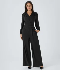 Jumpsuits<HALARA V Neck Crossover Long Sleeve Pocket Wide Leg Casual Jumpsuit