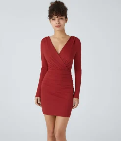 Mini Dresses|Bodycon Dresses<HALARA V Neck Crossover Long Sleeve Ruched Bodycon Mini Casual Dress
