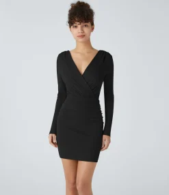 Mini Dresses|Bodycon Dresses<HALARA V Neck Crossover Long Sleeve Ruched Bodycon Mini Casual Dress
