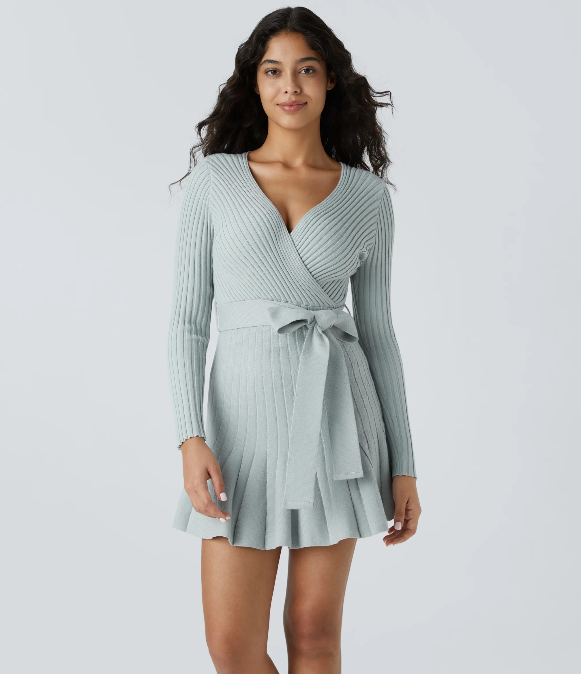 Dresses|Mini Dresses<HALARA V Neck Crossover Long Sleeve Belted Ruffle Hem Mini Casual Sweater Dress