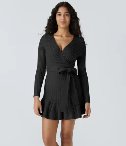 Dresses|Mini Dresses<HALARA V Neck Crossover Long Sleeve Belted Ruffle Hem Mini Casual Sweater Dress