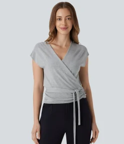 Sweaters<HALARA V Neck Crossover Short Sleeve Belted Work Sweater