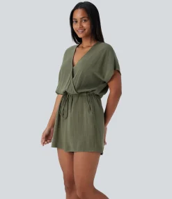 Jumpsuits<HALARA V Neck Crossover Short Sleeve Drawstring Pocket Linen-Blend Casual Romper