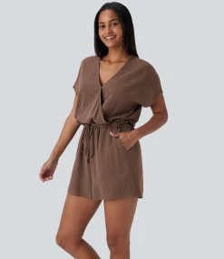 Jumpsuits<HALARA V Neck Crossover Short Sleeve Drawstring Pocket Linen-Blend Casual Romper