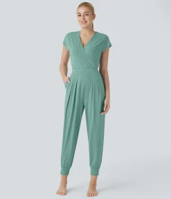 Jumpsuits<HALARA V Neck Crossover Short Sleeve Pocket Yoga Jumpsuit