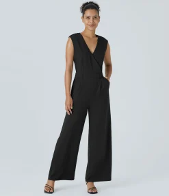 Jumpsuits<HALARA V Neck Crossover Sleeveless Pocket Casual Jumpsuit