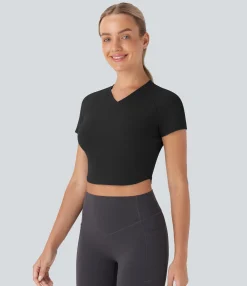Sports Tops|Sports Tops<HALARA V Neck Curved Hem Cropped Waffle Knit Yoga Sports Top