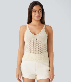 Casual Tops|Tank Tops & Camis<HALARA V Neck Cut Out Casual Sweater Knit Linen-Feel Tank Top