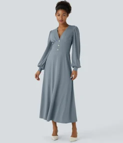 Dresses|Maxi & Midi Dresses<HALARA V Neck Decorative Puff Long Sleeve Midi Casual Dress