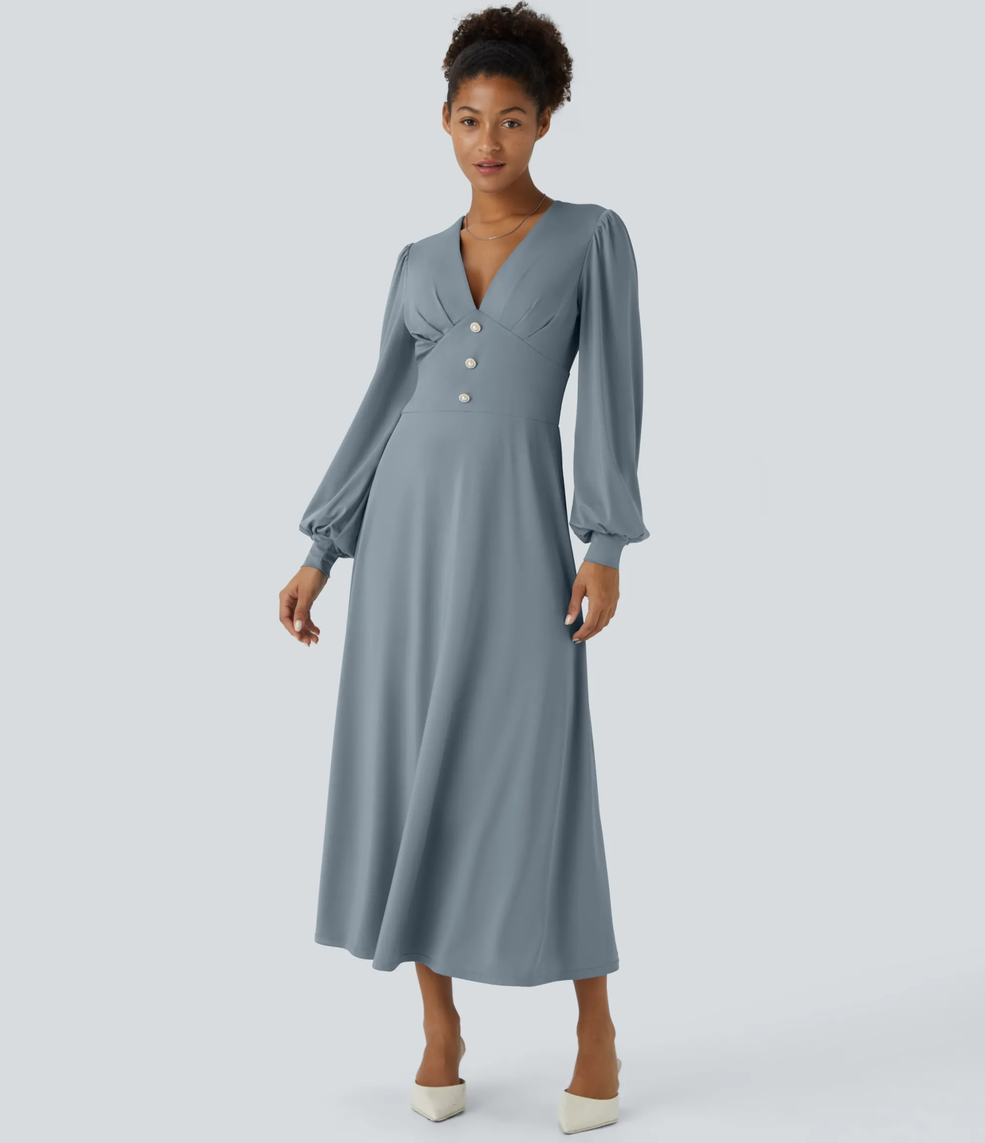 Dresses|Maxi & Midi Dresses<HALARA V Neck Decorative Puff Long Sleeve Midi Casual Dress