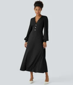 Dresses|Maxi & Midi Dresses<HALARA V Neck Decorative Puff Long Sleeve Midi Casual Dress