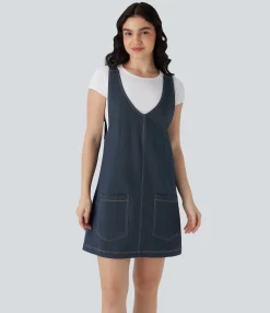 Dresses|Mini Dresses<HALARA V Neck Denim Like Mini Casual Dress with Pockets