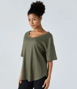 T-Shirts|Casual Tops<HALARA V Neck Dropped Shoulder Curved Hem Relaxed Waffle Casual T-Shirt