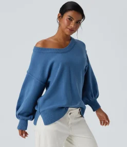 Sweaters<HALARA V Neck Dropped Shoulder Long Sleeve Split Casual Sweater