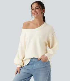 Sweaters<HALARA V Neck Dropped Shoulder Long Sleeve Split Casual Sweater