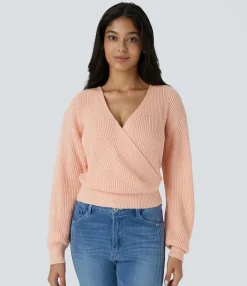 Sweaters<HALARA V Neck Dropped Shoulder Long Sleeve Wrapped Relaxed Casual Sweater