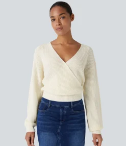 Sweaters<HALARA V Neck Dropped Shoulder Long Sleeve Wrapped Relaxed Casual Sweater