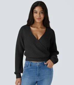 Sweaters<HALARA V Neck Dropped Shoulder Long Sleeve Wrapped Relaxed Casual Sweater