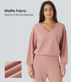 Sweatshirts & Hoodies<HALARA V Neck Dropped Shoulder Long Sleeve Waffle Casual Sweatshirt