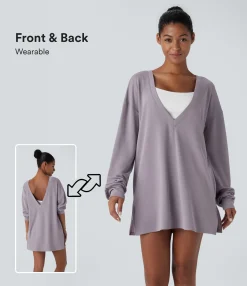 Sweatshirts & Hoodies<HALARA V Neck Dropped Shoulder Pocket Relaxed Casual Sweatshirt-Front and Back Wearable