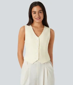 Work Tops|Jackets & Outerwear<HALARA V Neck Front Adjustable Buckle Work Linen-Feel Vest