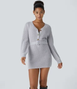 Dresses|Mini Dresses<HALARA V Neck Front Long Sleeve Belted Mini Casual Sweater Dress