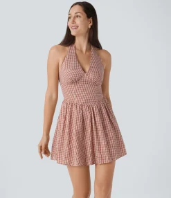 Dresses|Mini Dresses<HALARA V Neck Halter Shirred Gingham Mini Dress