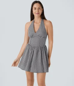 Dresses|Mini Dresses<HALARA V Neck Halter Shirred Gingham Mini Dress