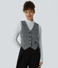 Jackets & Outerwear<HALARA V Neck Houndstooth Plaid Casual Vest