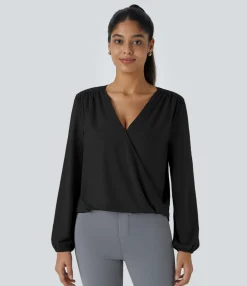 Work Tops<HALARA V Neck Invisible Snap Long Sleeve Wrapped Work Top Black