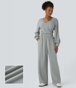 Jumpsuits<HALARA V Neck Keyhole Back Long Sleeve Pocket Wide Leg Casual Jumpsuit