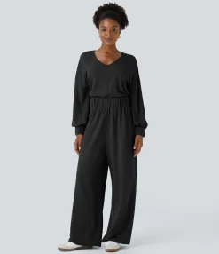 Jumpsuits<HALARA V Neck Keyhole Back Long Sleeve Pocket Wide Leg Casual Jumpsuit