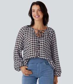 Shirts Blouses|Casual Tops<HALARA V Neck Knot Bishop Sleeve Plaid Loose Casual Blouse
