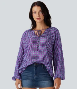 Shirts Blouses|Casual Tops<HALARA V Neck Knot Bishop Sleeve Plaid Loose Casual Blouse