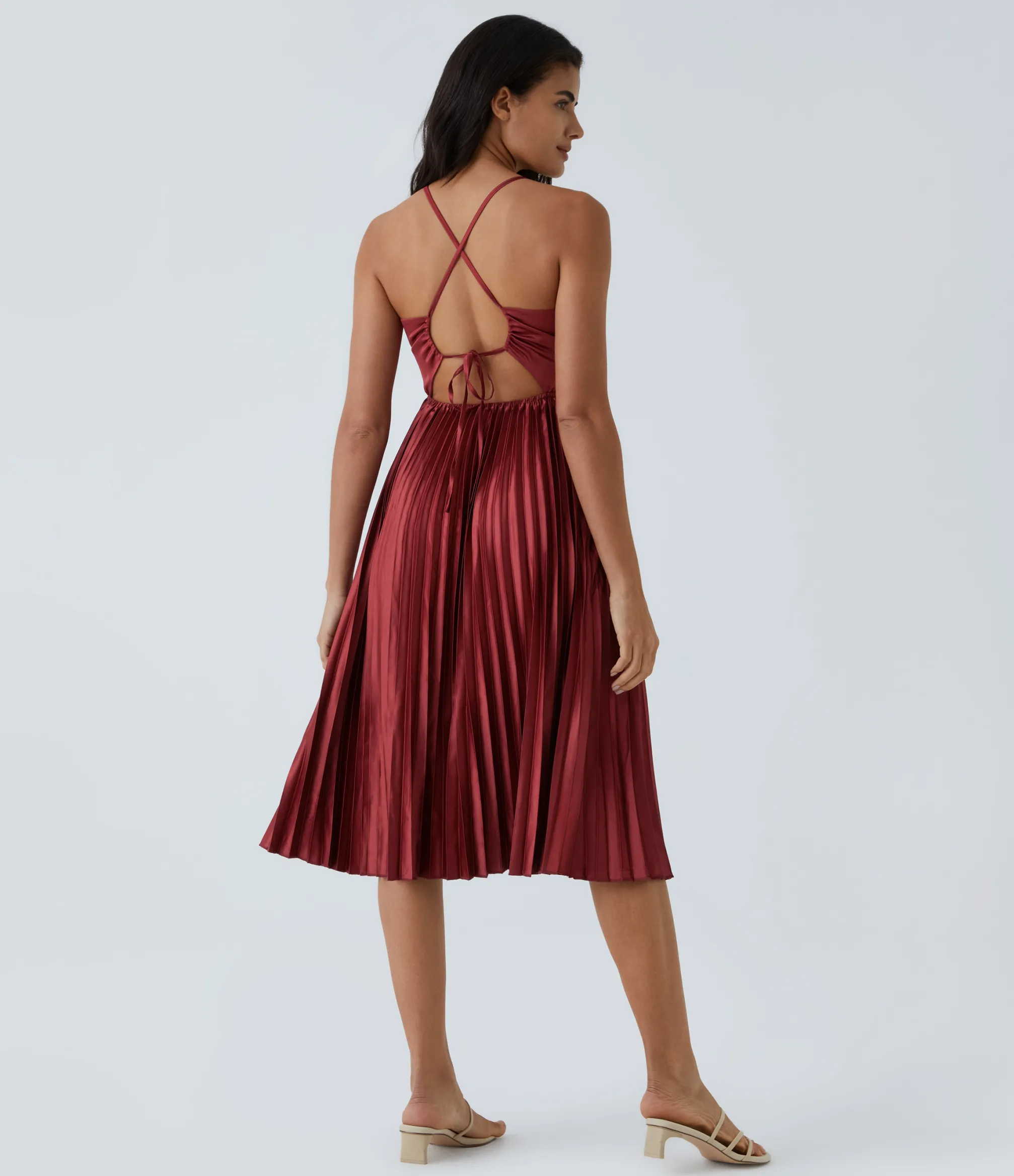Maxi & Midi Dresses|Dresses<HALARA V Neck Lace Up Pleated Midi Dress