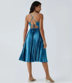 Maxi & Midi Dresses|Dresses<HALARA V Neck Lace Up Pleated Midi Dress