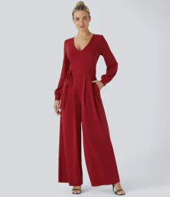 Jumpsuits<HALARA V Neck Long Sleeve Belted Pocket Wide Leg Jumpsuit