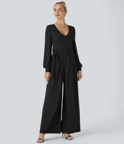 Jumpsuits<HALARA V Neck Long Sleeve Belted Pocket Wide Leg Jumpsuit