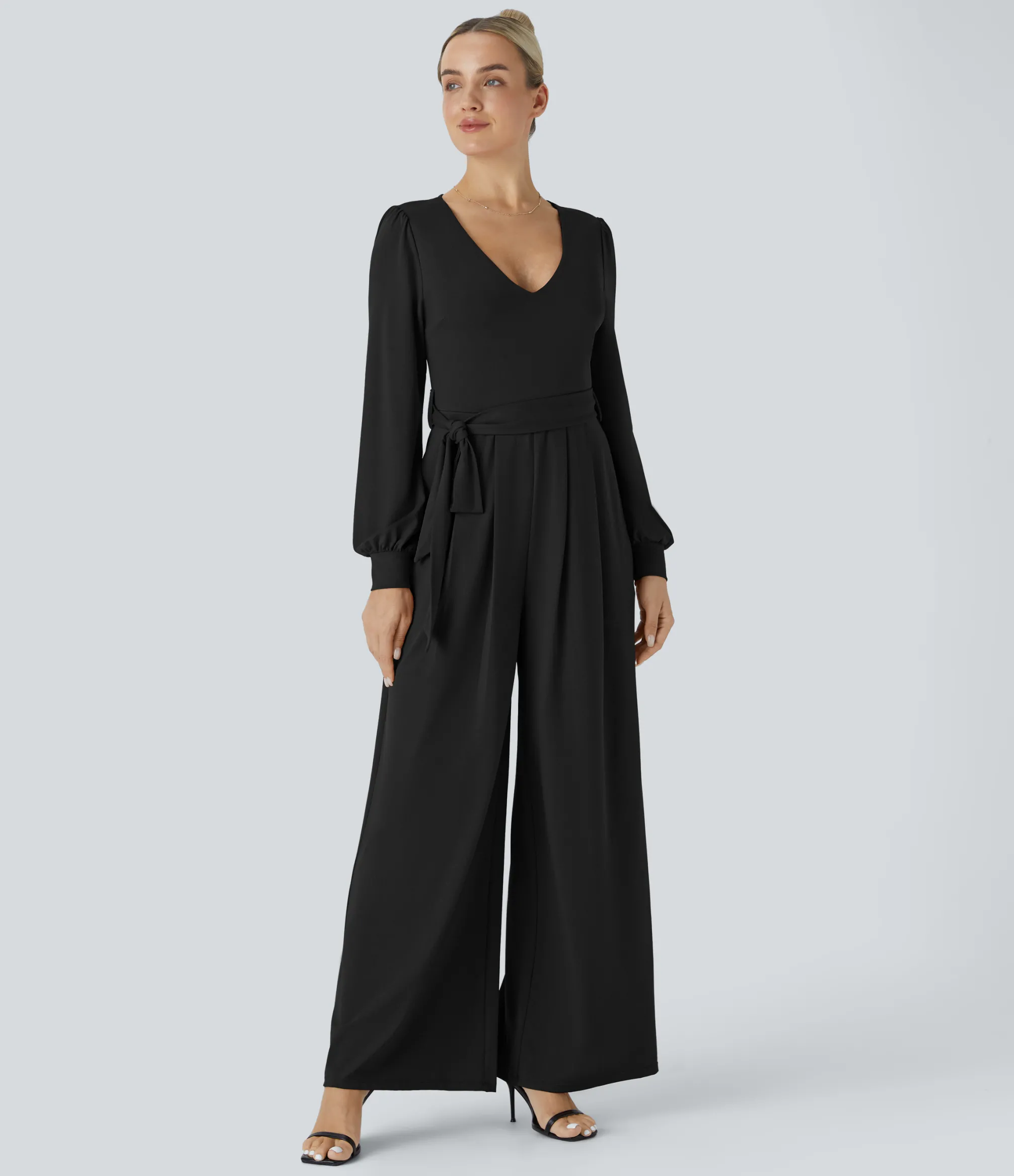 Jumpsuits<HALARA V Neck Long Sleeve Belted Pocket Wide Leg Jumpsuit
