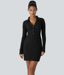 Dresses|Bodycon Dresses<HALARA V Neck Long Sleeve Bodycon Mini Casual Sweater Dress