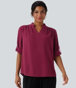 Shirts Blouses|Shirts & Blouses<HALARA V Neck Long Sleeve Curved Hem Work Shirt